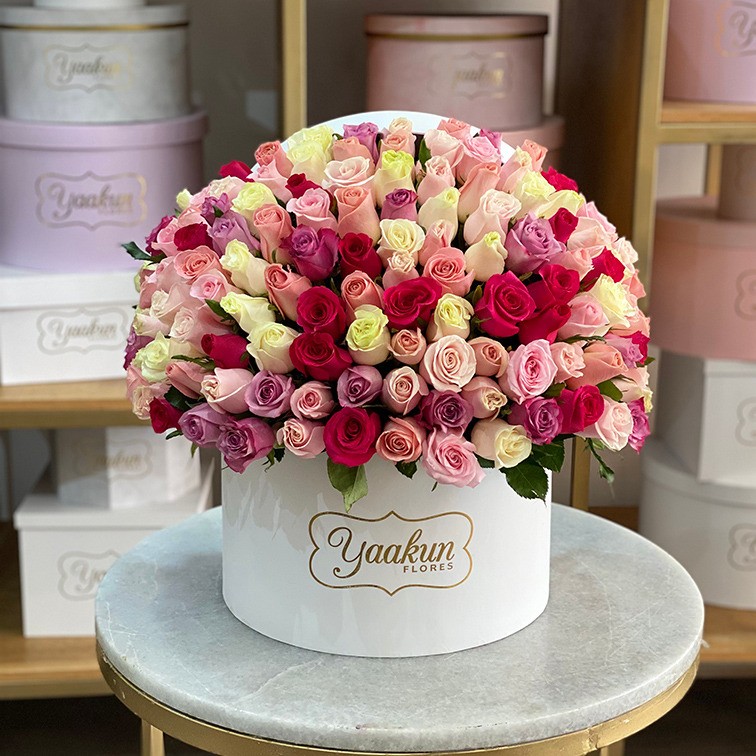 150 rosas en caja redonda blanca especial 4 colores