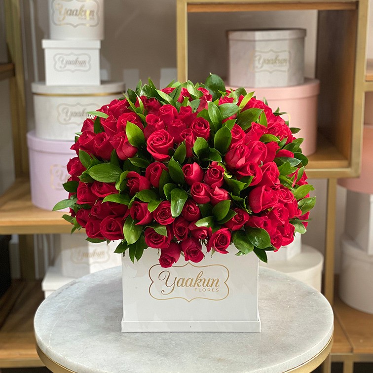 150 rosas rojas & ruscus en caja blanca yaakun