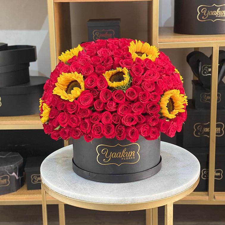 250 rosas rojas & 12 girasoles en caja negra esfera lindo amor