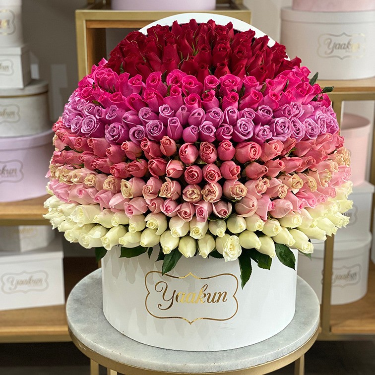 350 rosas en caja redonda degrade esfera lovely