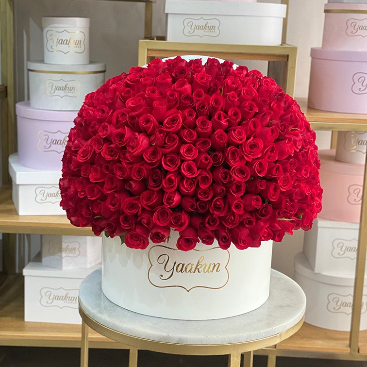 350 rosas rojas en caja redonda mediana blanca media esfera