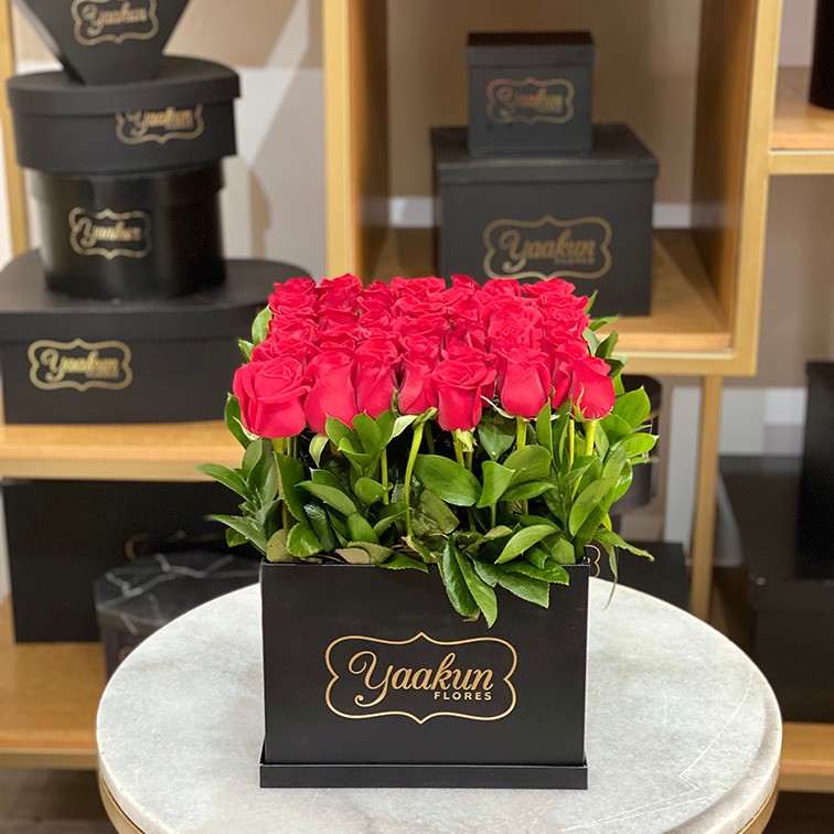 49 rosas rojas altas en caja negra yaakun jardín