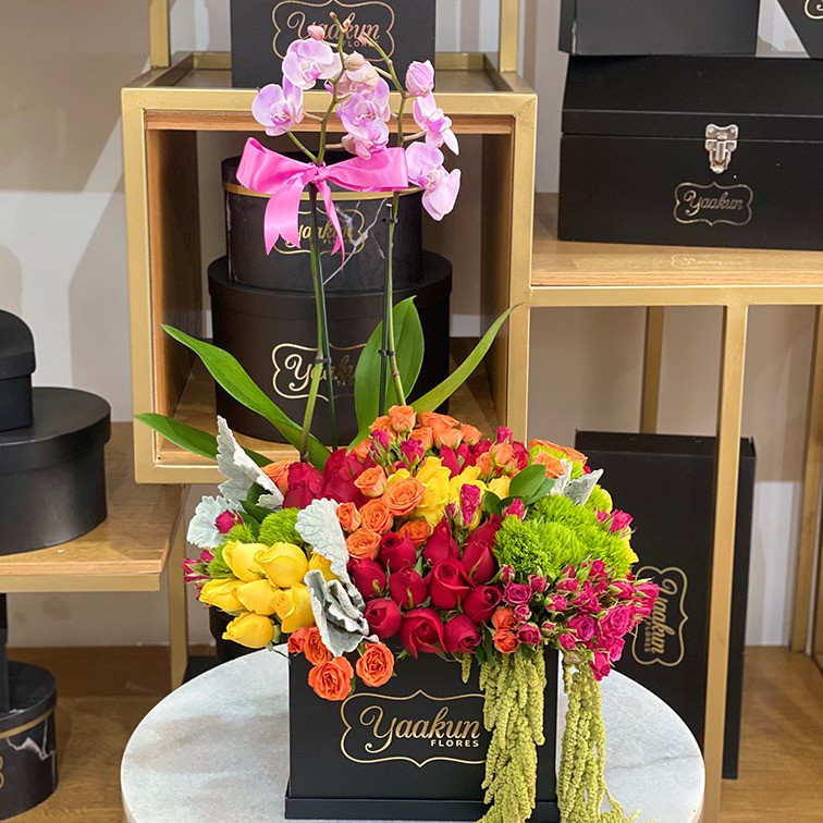 80 rosas rojas, amarillas y fucsias con orquídeas en caja negra yaakun