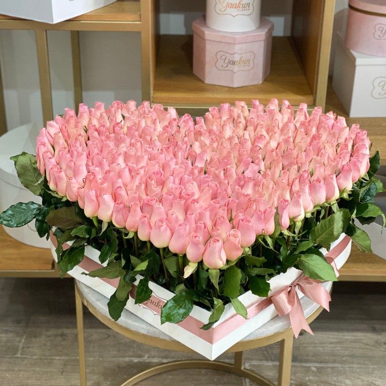 Caja blanca de corazón con 300 rosas rositas jardín