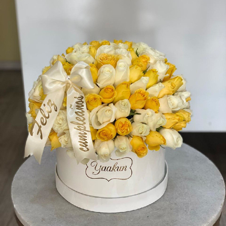 Caja circular blanca con 150 rosas blancas y amarillas con moñito