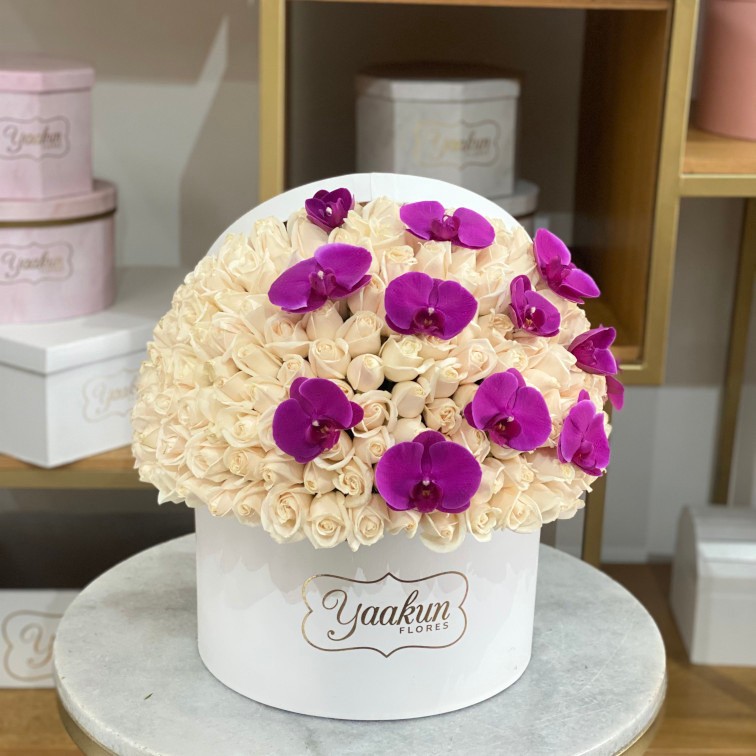 Caja circular blanca con 150 rosas blancas y toques de orquidea mangenta