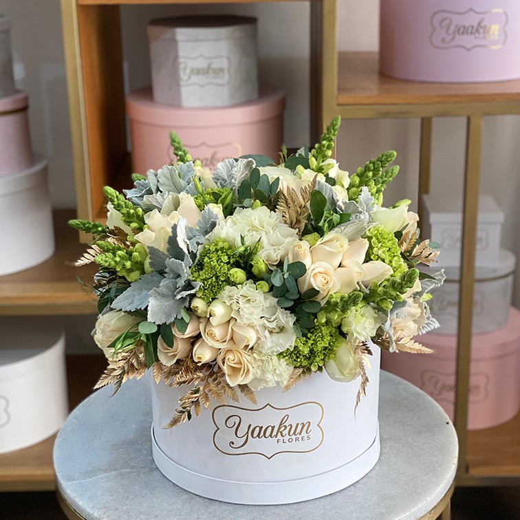 Caja circular blanca con 75 rosas blancas, follajes y flores finas