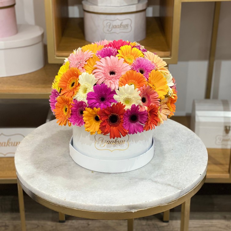 Caja circular blanca esfera de gerberas