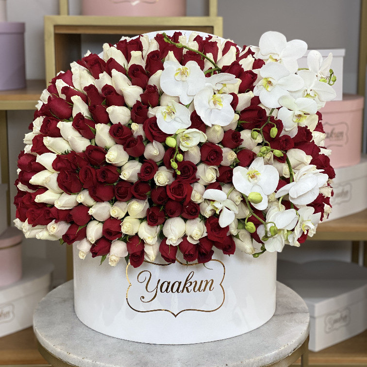 Caja circular blanca media esfera con 350 rosas rojas y blancas y orquídeas blancas