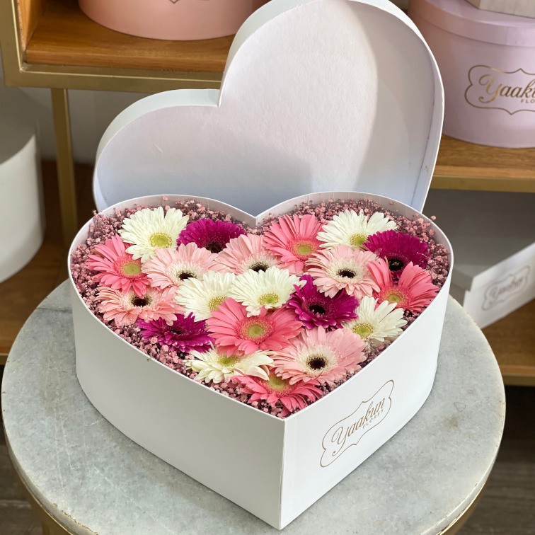 Caja corazón blanca con gerberas tono pastel y contorno gypso