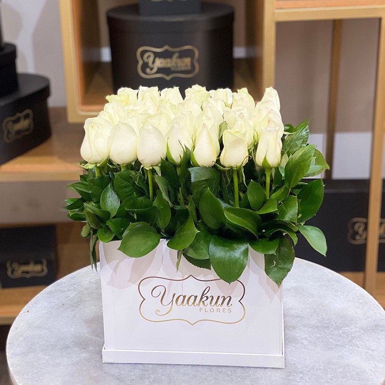 Caja cuadrada blanca con 49 rosas blancas jardín