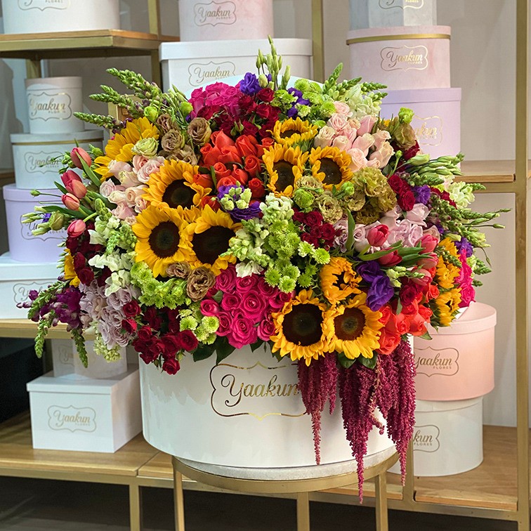 Caja grande circular blanca con 250 rosas maxi colorido