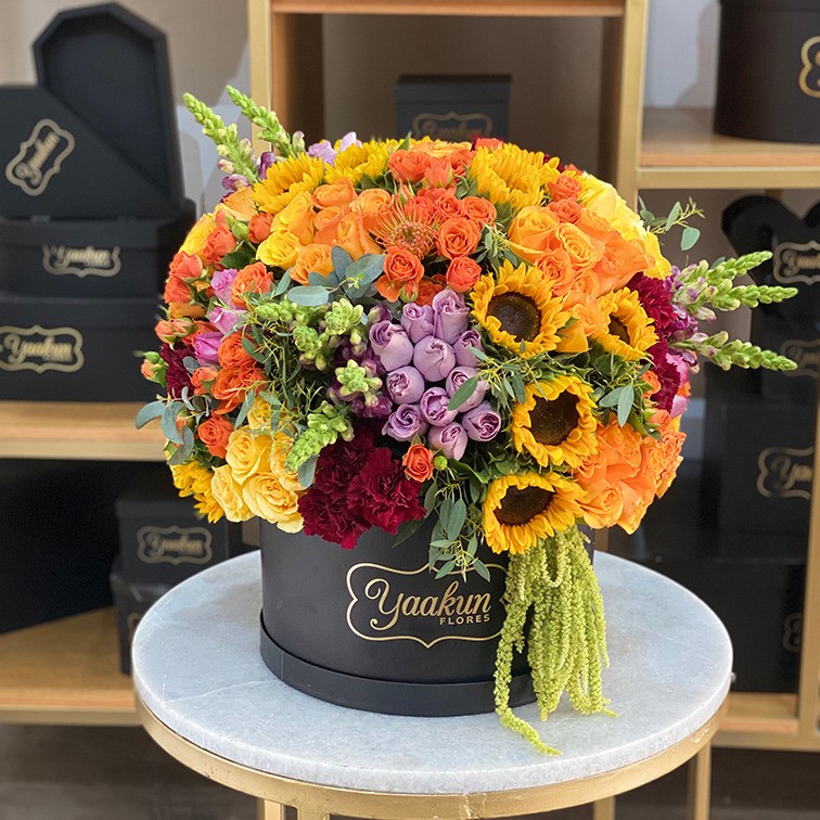 Caja negra circular con 100 rosas náutica, naranja y amarillo con protea