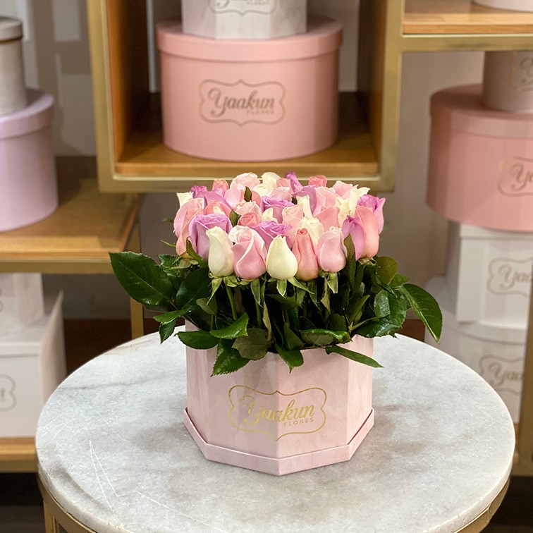 Caja octagonal rosita con 50 rosas jardín en tonos pastel