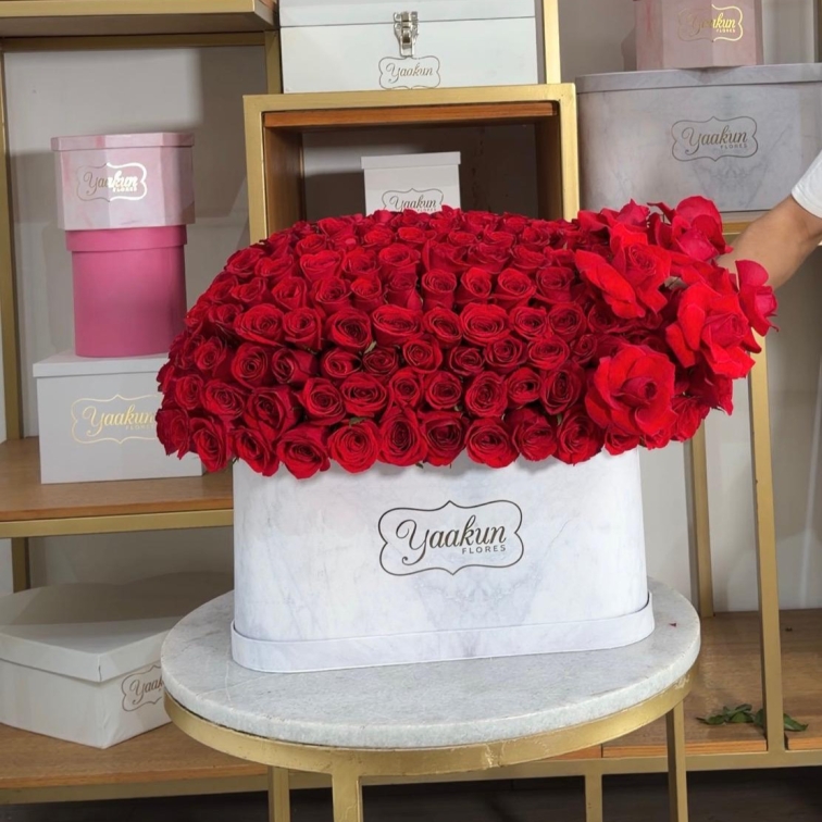 Caja ovalada blanca con 300 rosas rojas