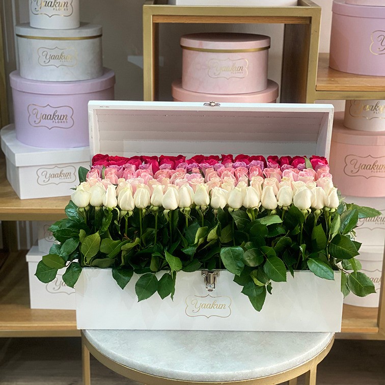 Cofre grande blanco con 130 rosas garden degrade