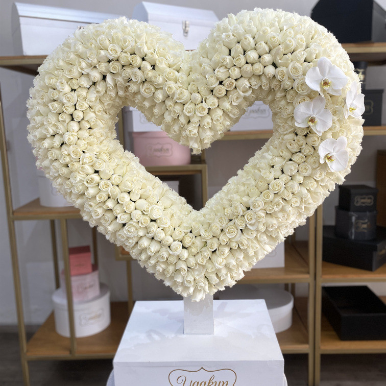 ESCULTURA DE SILUETA DE CORAZON DE 800 ROSAS BLANCAS CON ORQUIDEAS