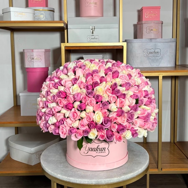 Esfera en caja rosita con 400 rosas te quiero