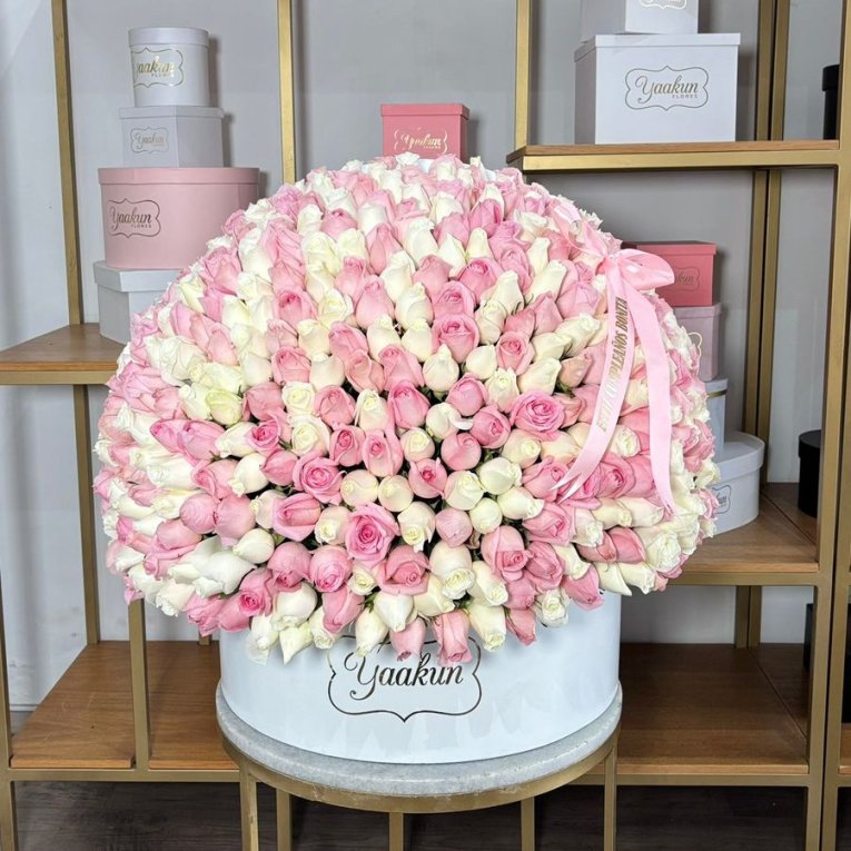 Maxi esfera circular blanca con 600 rosas rositas y blancas