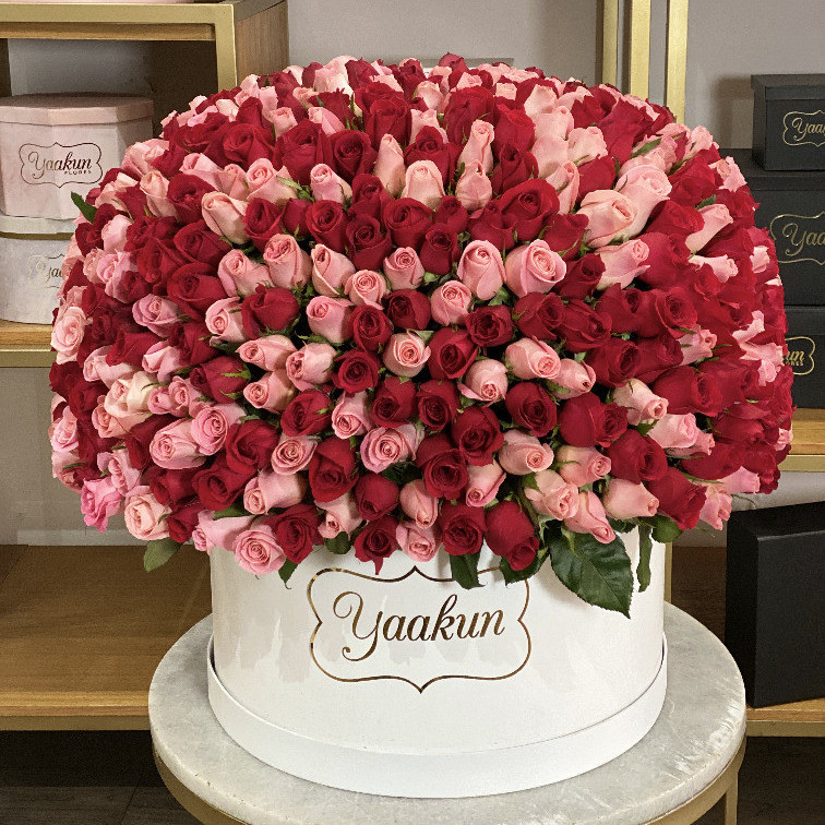 Maxi esfera de 1000 rosas rojas y rosas en caja blanca