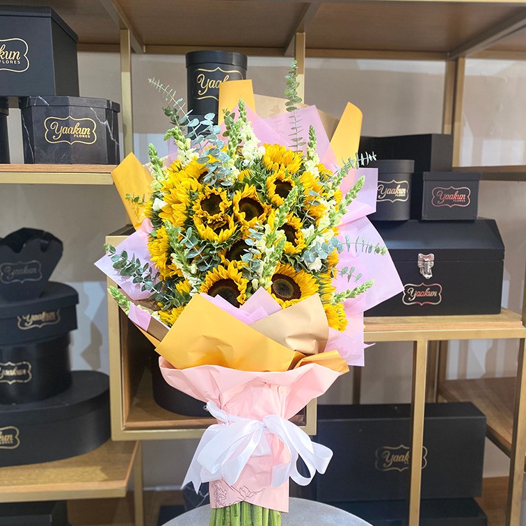 Ramo de 40 girasoles, perritos y follajes en papel coreanos