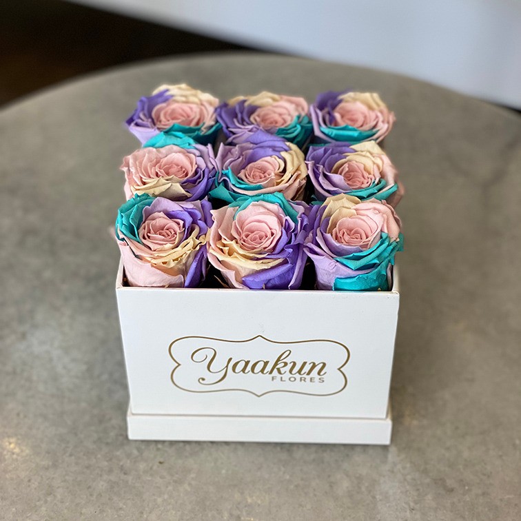 Rosas eternas caja cuadrada chica blanca con rosas tierno arcoíris