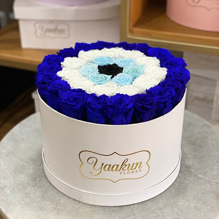 Rosas eternas en caja circular blanca ojo turco