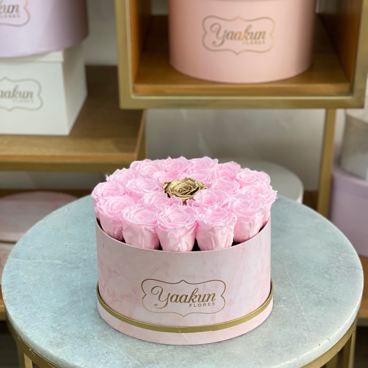 Rosas eternas en caja ovalada rosita con rosas rositas y una dorada